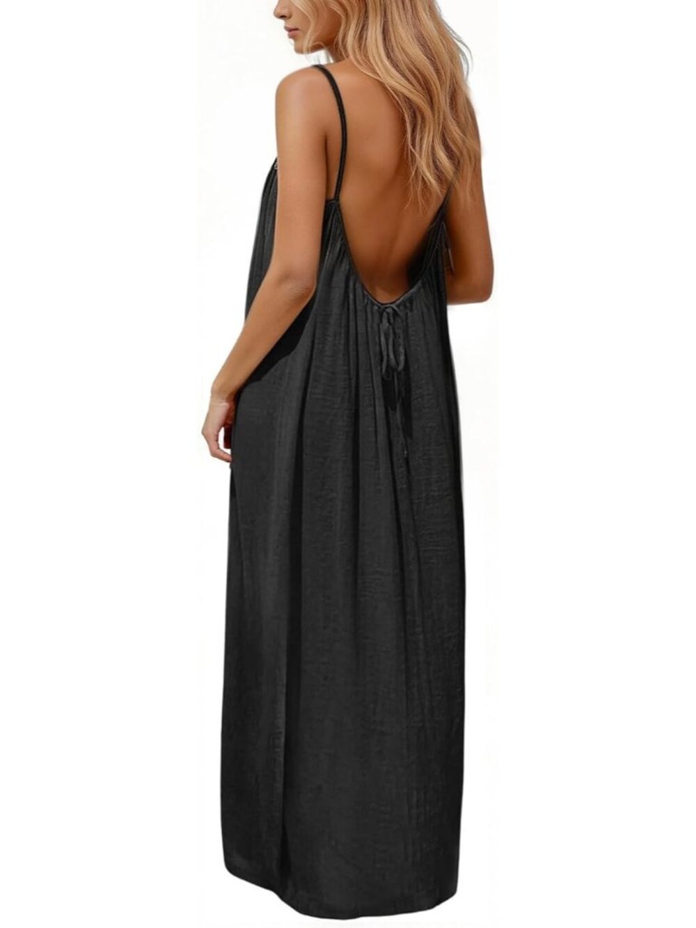 Women's Black Cami Dress Summer Sleeveless Long Casual Sundress Lady Solid